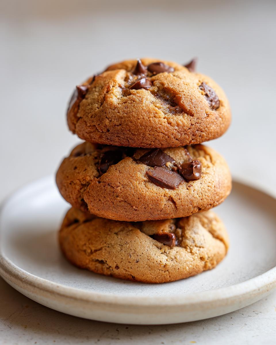 Three perfectly baked banana bread cookies stacked on a small white plate, loaded with chocolate chunks.