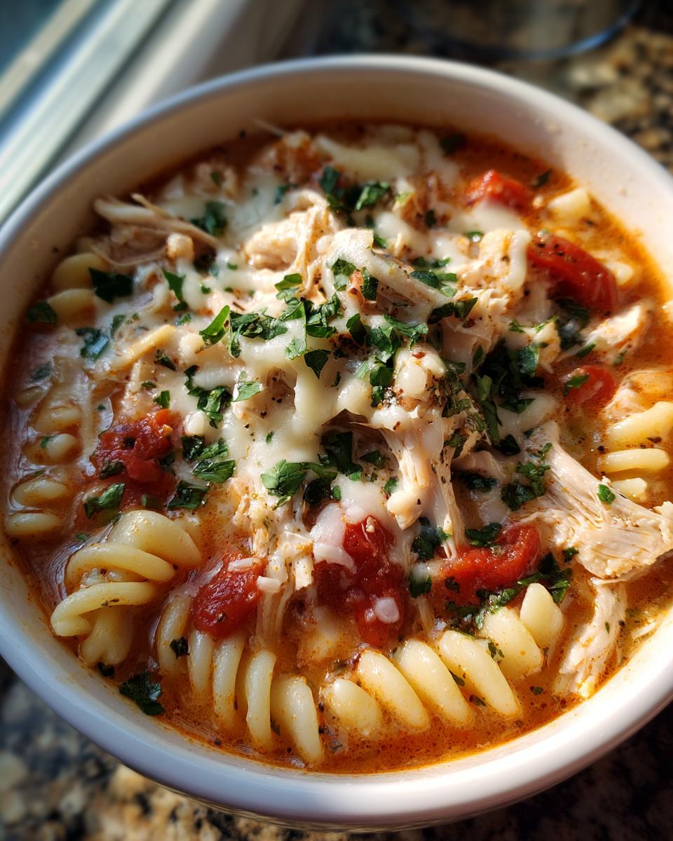 Close-up of a bowl of amazing chicken parmesan soup featuring shredded chicken, rotini pasta, melted mozzarella, and fresh parsley.