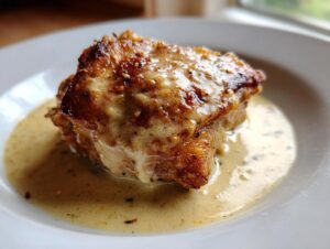 Close-up of a perfectly seared chicken thighs piece covered in a rich, creamy, mustard-flecked sauce.