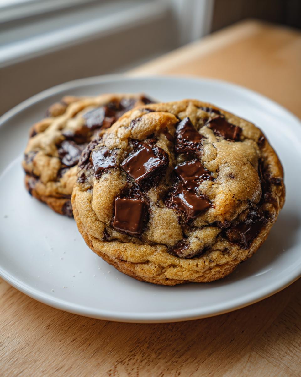 Two thick, gooey chocolate chip cookies with melted chocolate chunks served on a white plate.