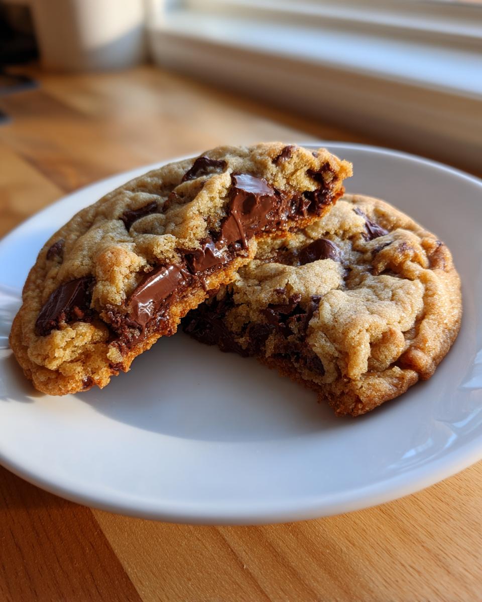 A close-up of amazing chocolate chip cookies broken in half, showing melted chocolate chunks.