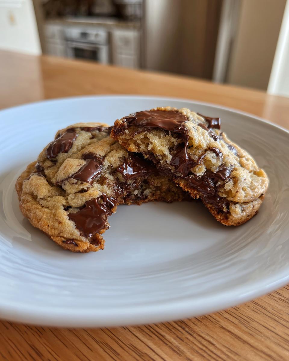 Close-up of amazing chocolate chip cookies broken in half showing melted, gooey chocolate centers.