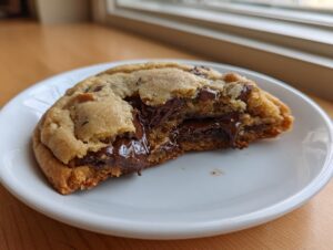 Close-up of a warm chocolate chip cookie broken in half showing gooey, melted chocolate filling.
