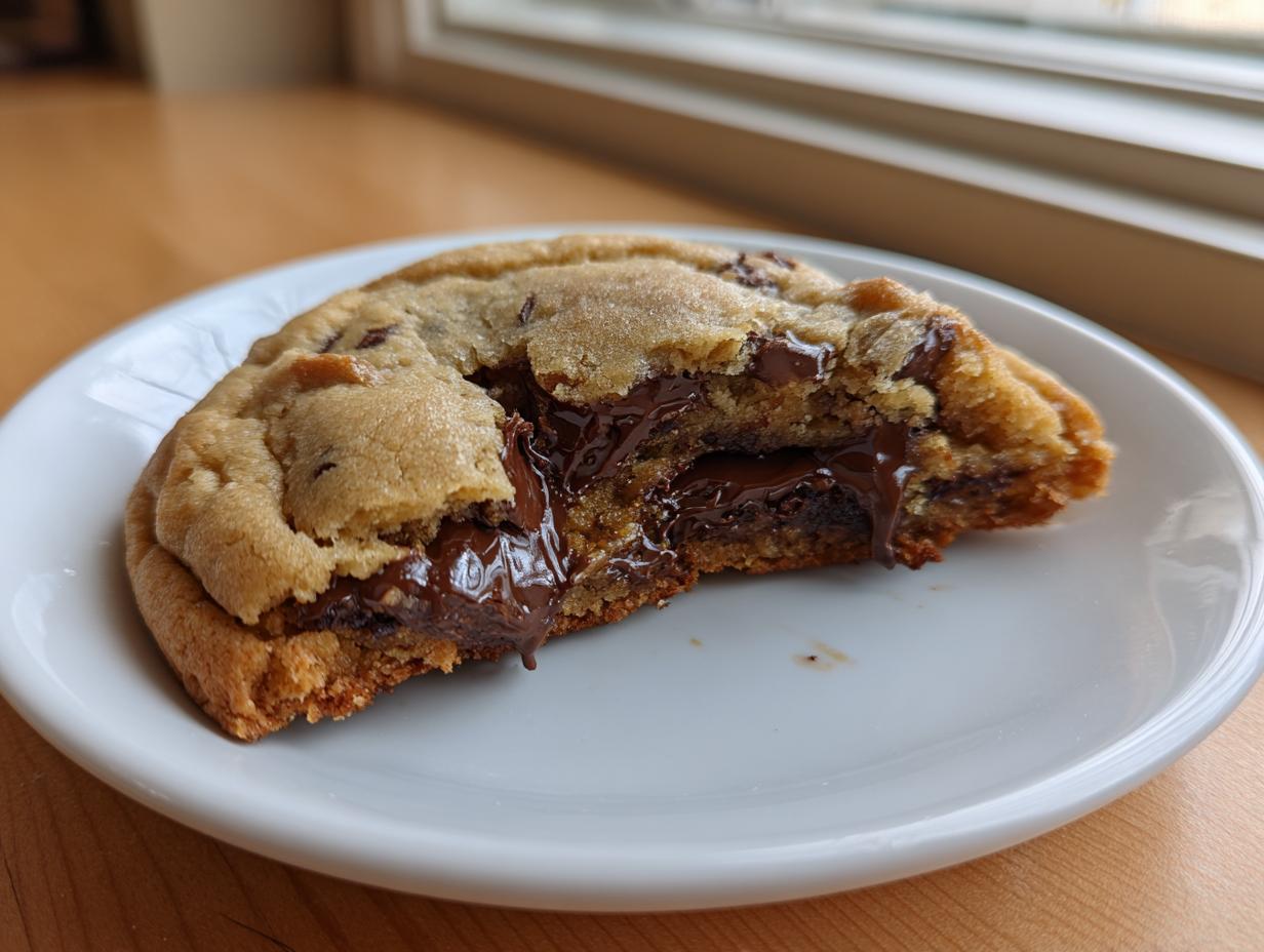 Close-up of a warm chocolate chip cookie broken in half showing gooey, melted chocolate filling.
