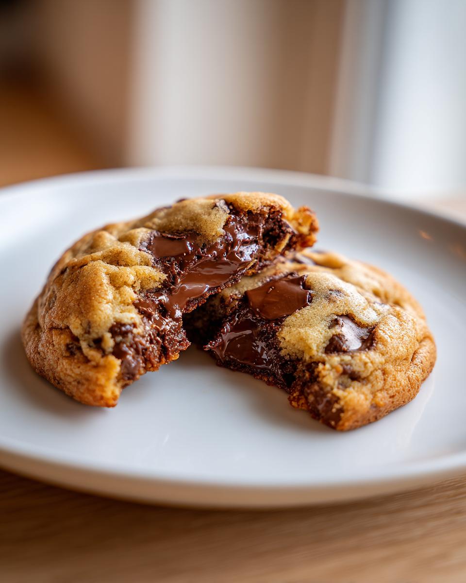 A freshly baked chocolate chip cookie broken in half showing a gooey, melted chocolate center.