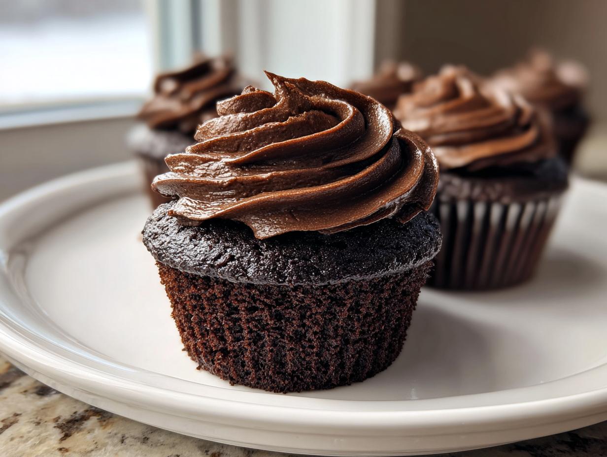 A close-up of one rich, dark chocolate cupcake topped with swirled chocolate frosting, part of a batch of chocolate cupcakes.
