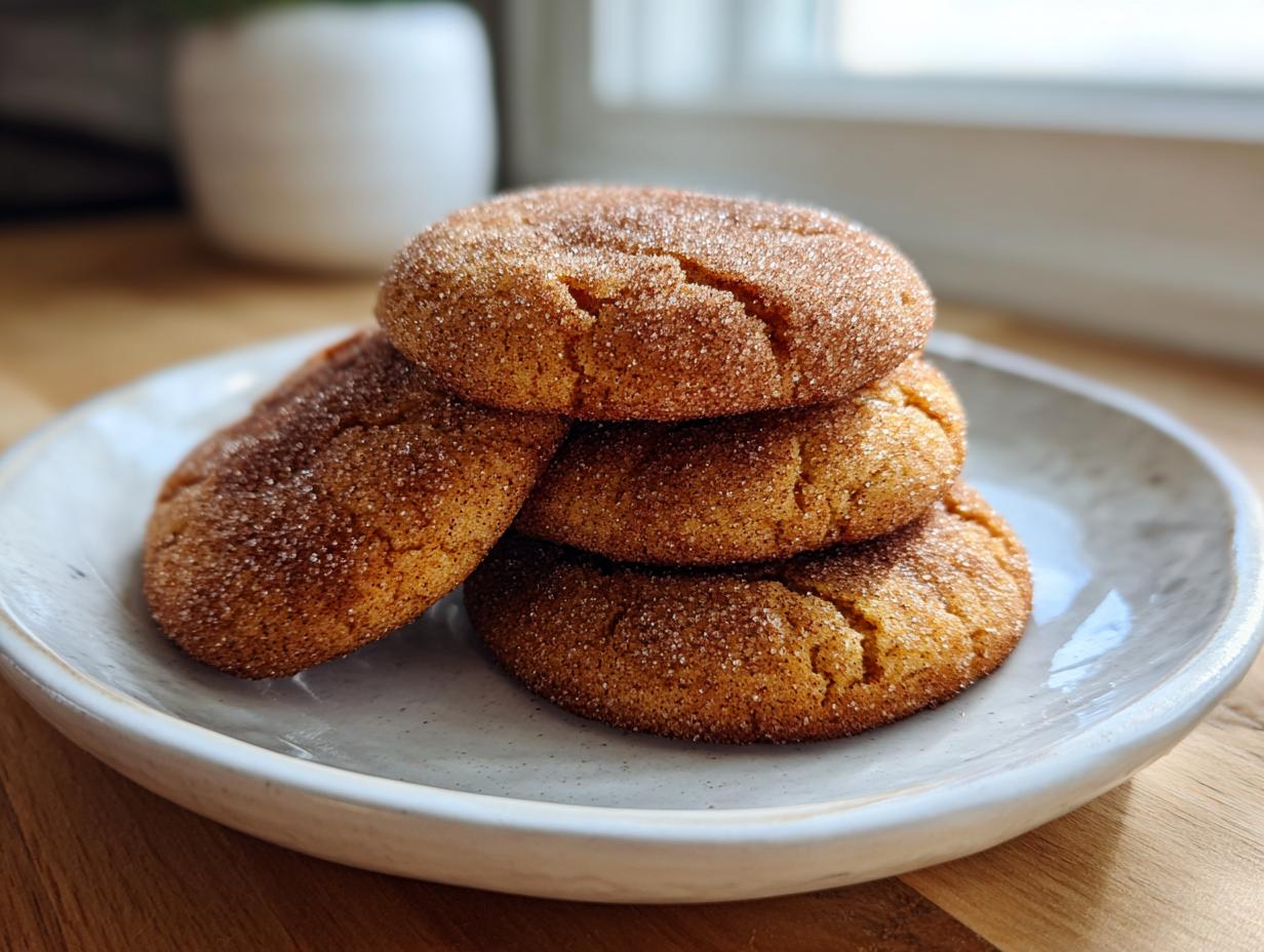 A stack of four soft, chewy cinnamon cookies generously coated in cinnamon sugar, resting on a light ceramic plate.