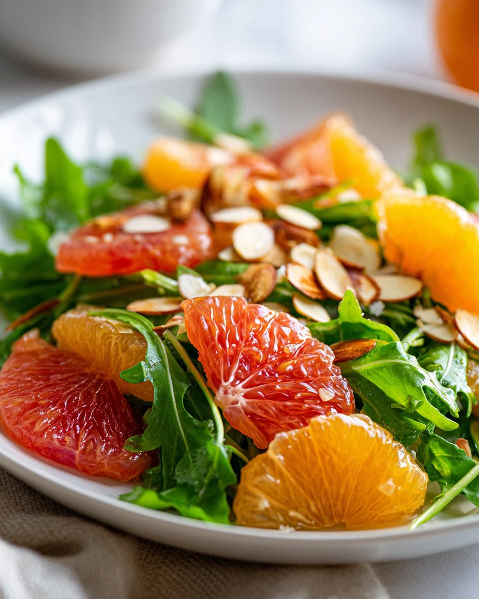 Close-up of a fresh citrus salad featuring segments of ruby red grapefruit and orange over arugula, topped with sliced almonds.