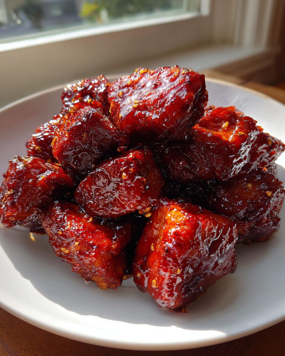 Close-up of glistening, dark red pieces of gochujang chicken piled on a white plate near a window.
