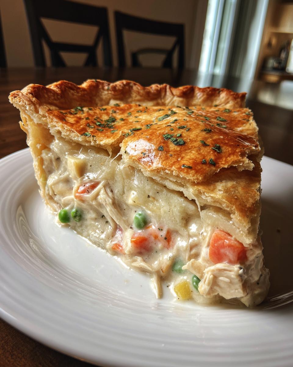 A generous slice of homemade pot pie recipe showing creamy filling, chicken, peas, and carrots under a golden, flaky top crust.