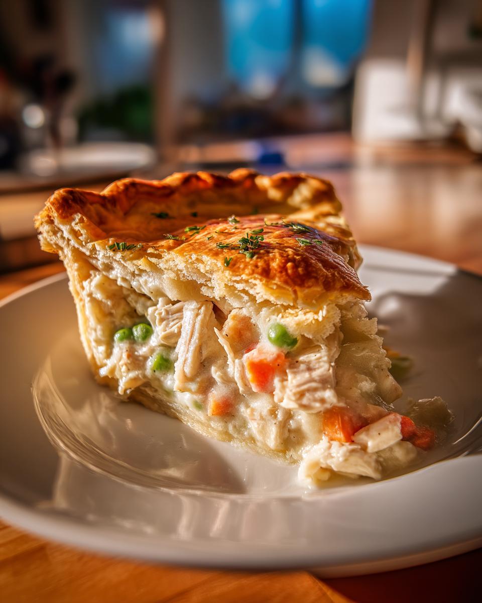 A perfect slice of chicken pot pie recipe showing creamy filling, chicken, peas, and carrots under a golden, flaky crust.