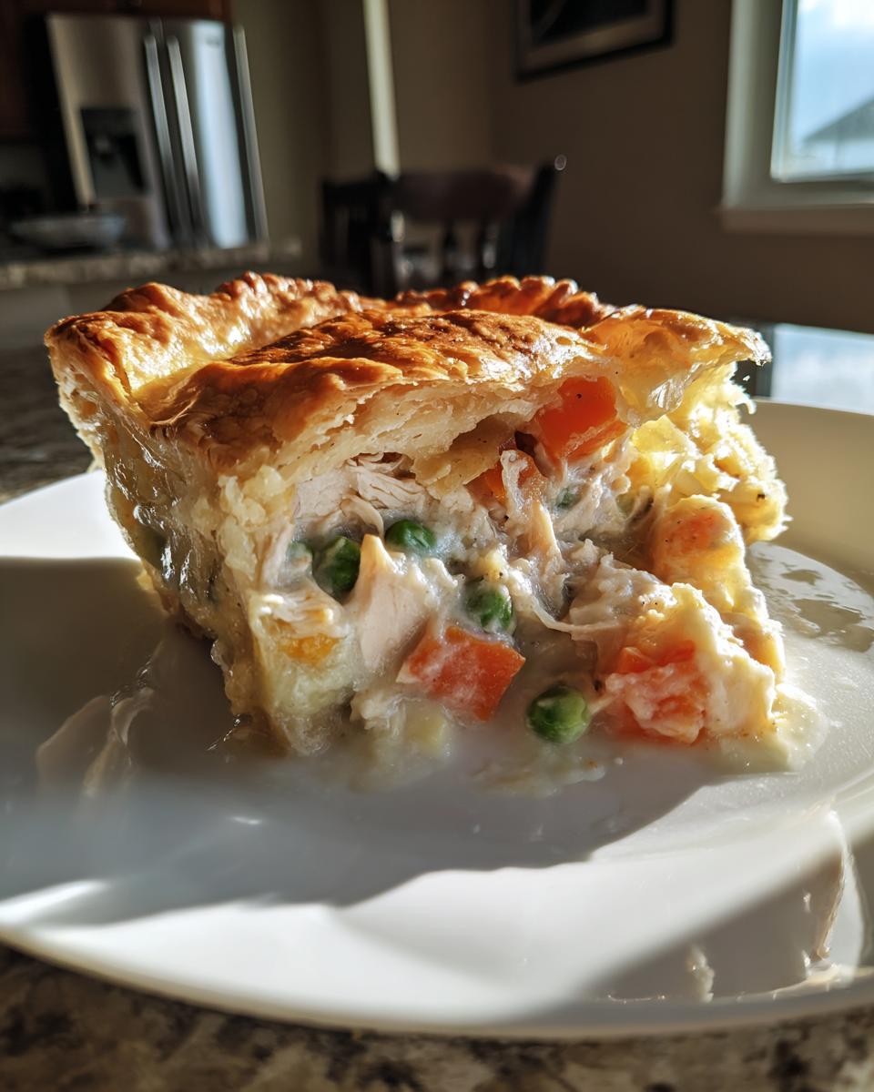 A close-up slice of chicken pot pie recipe showing flaky crust, creamy filling, chicken, carrots, and peas.