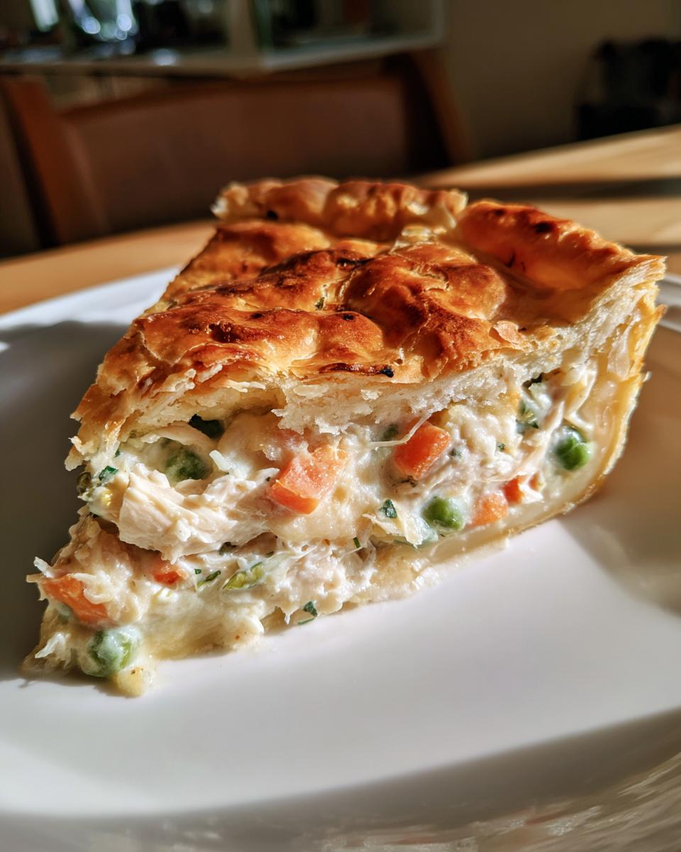 A close-up slice of amazing pot pie recipe showing creamy filling with chicken, peas, and carrots under a golden, flaky crust.