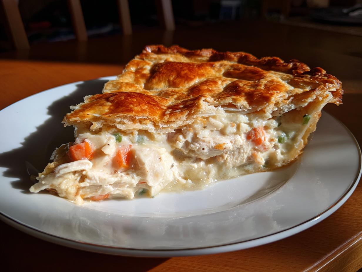 A generous slice of creamy chicken pot pie recipe with visible carrots and peas, featuring a golden, flaky lattice crust.