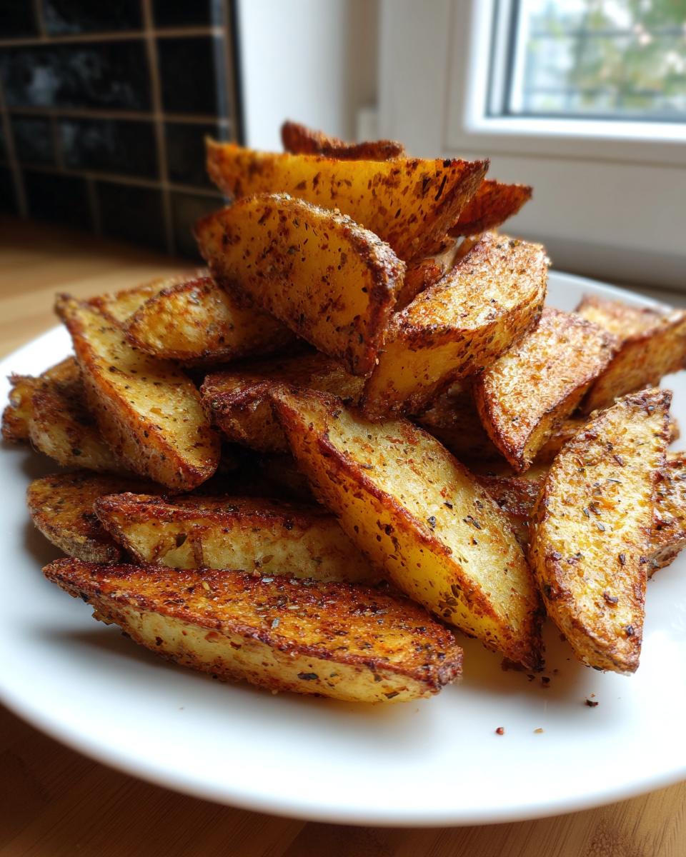 A close-up of a white plate piled high with golden brown, seasoned potato wedges.