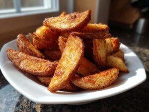 A close-up of perfectly crispy, seasoned potato wedges piled high in a white bowl, catching the sunlight.