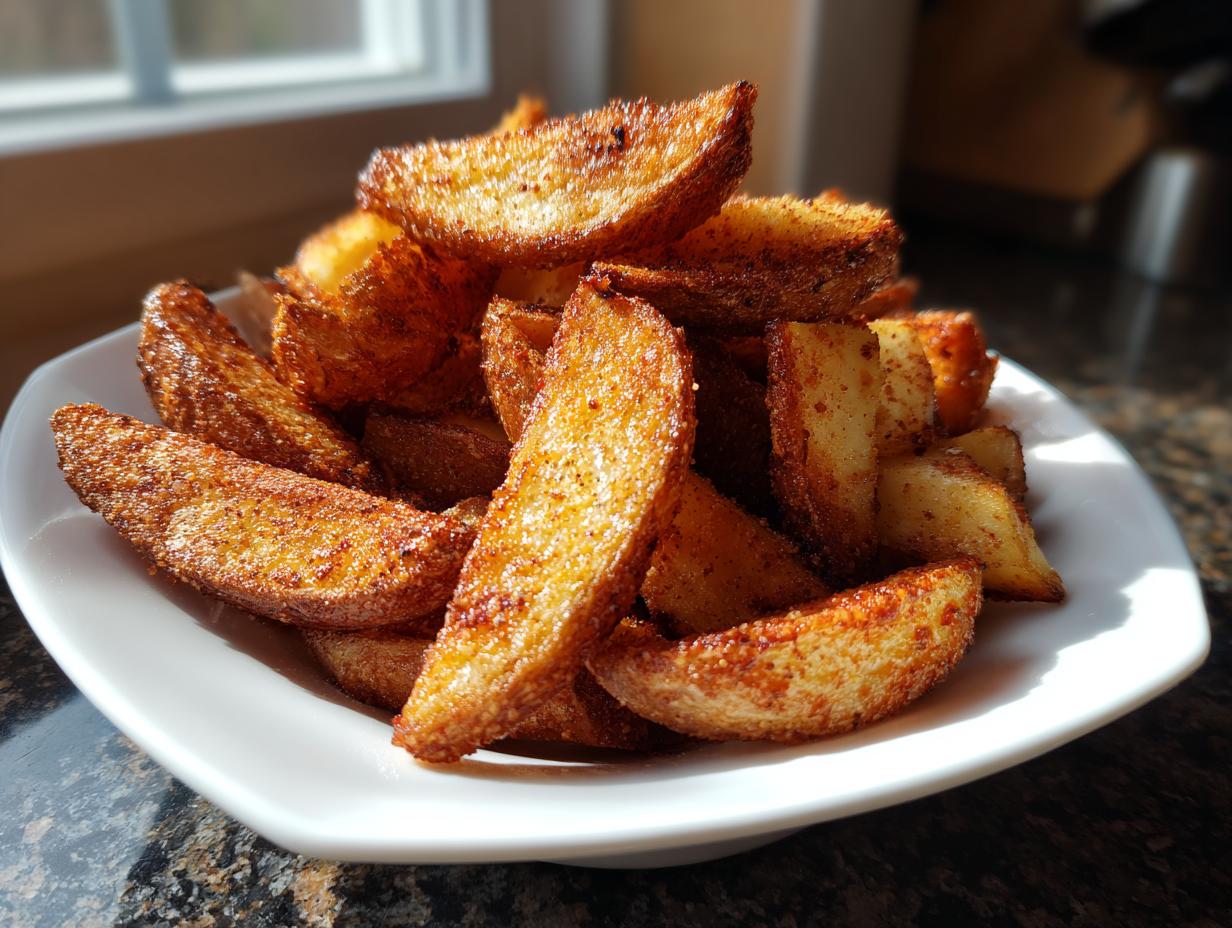 A close-up of perfectly crispy, seasoned potato wedges piled high in a white bowl, catching the sunlight.