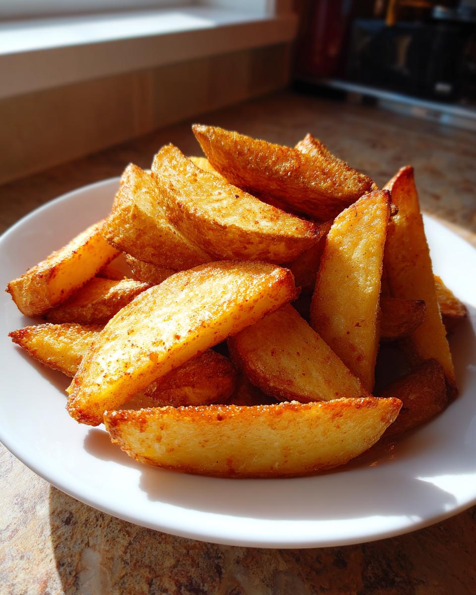 A close-up of a pile of perfectly golden and crispy potato wedges served on a white plate.