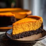 A close-up of a thick slice of vibrant orange pumpkin cheesecake resting on a brown plate, featuring a dark chocolate crust.