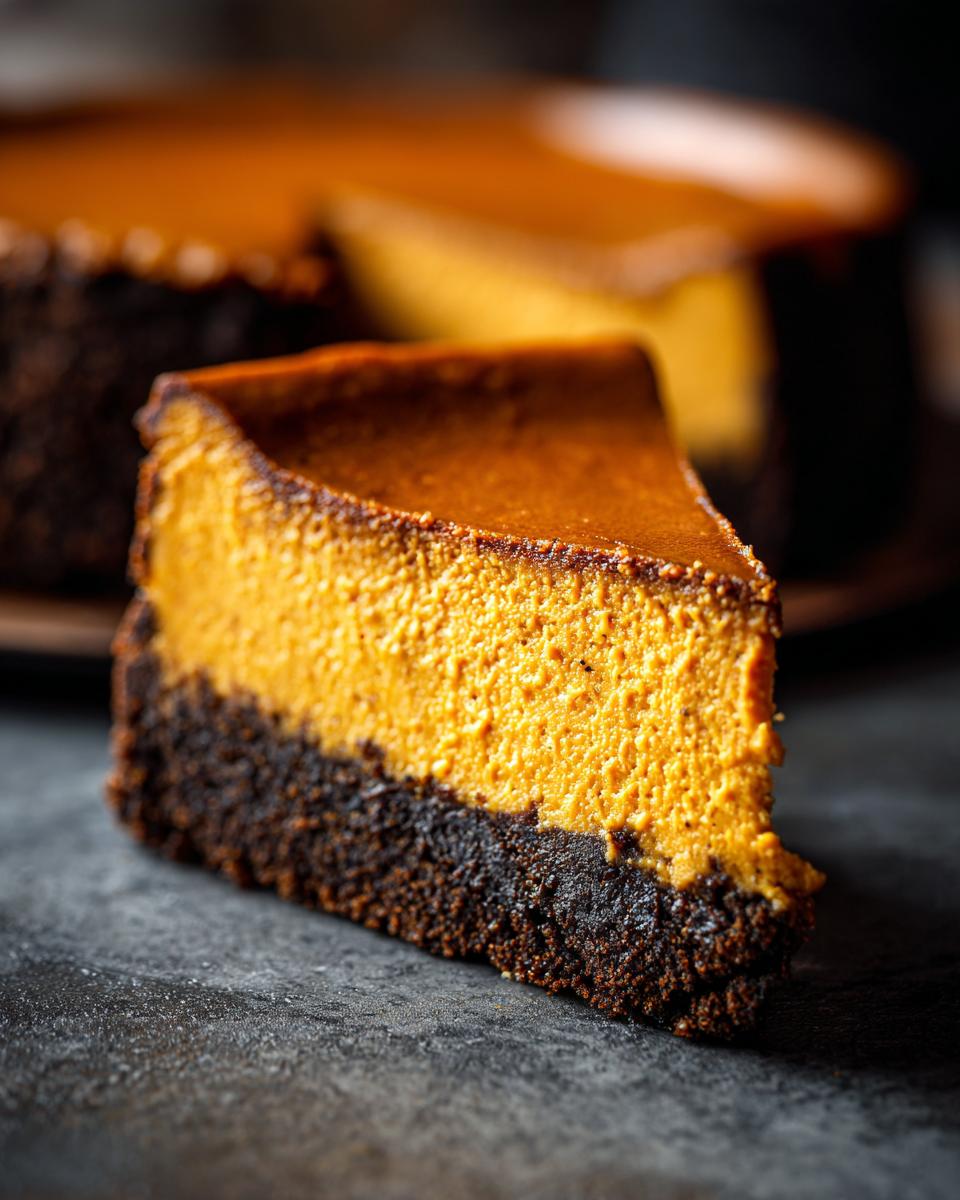 Close-up of a rich slice of pumpkin cheesecake featuring a thick, vibrant orange filling and a dark chocolate crust.