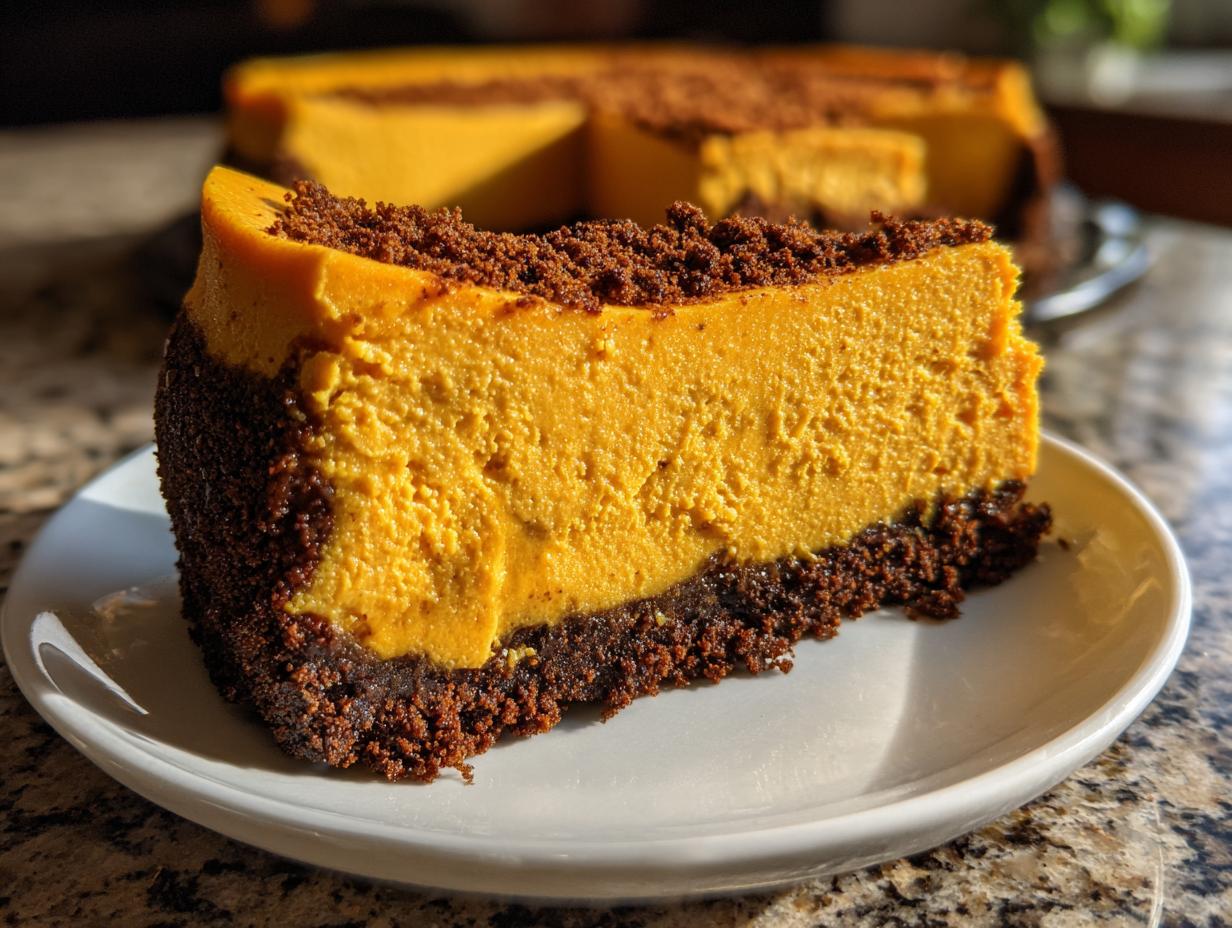 A thick slice of bright orange pumpkin cheesecake with a dark chocolate crumb crust and topping.
