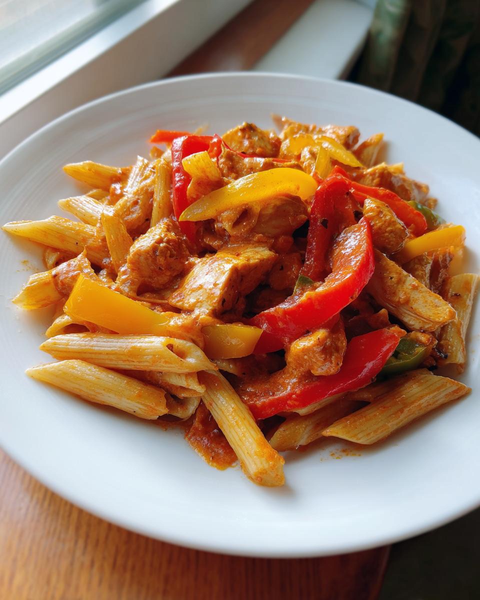 Close-up of a serving of vibrant rasta pasta featuring penne, chicken pieces, and sliced red and yellow bell peppers.