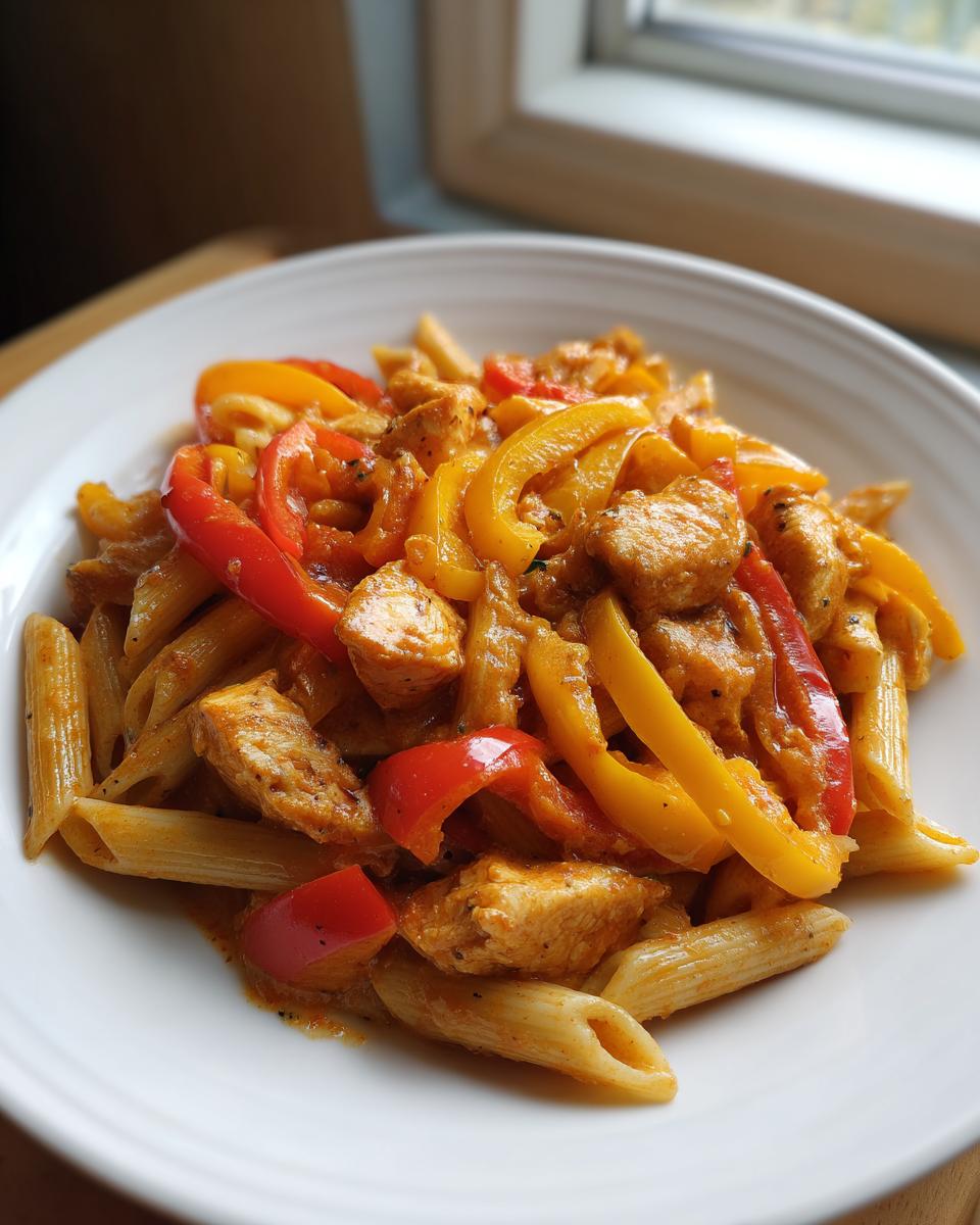 A close-up of a white bowl filled with amazing rasta pasta, featuring penne, chicken chunks, and bright red and yellow bell peppers in a creamy sauce.