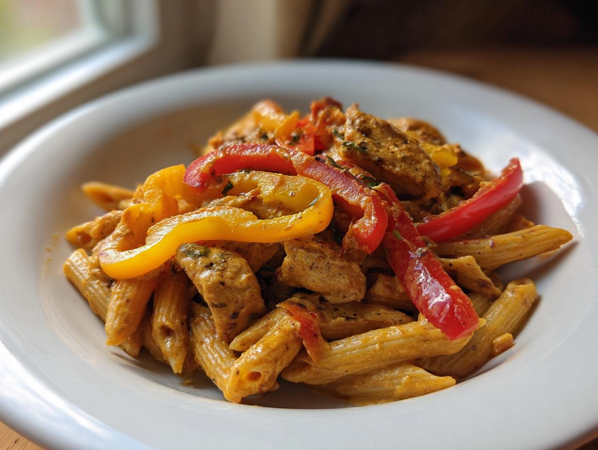 A close-up of a white bowl filled with creamy, orange-hued rasta pasta mixed with chicken pieces and topped with sliced red and yellow bell peppers.