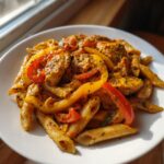 A close-up of a white bowl filled with vibrant Rasta Pasta featuring penne, chicken pieces, and sliced red and yellow bell peppers.