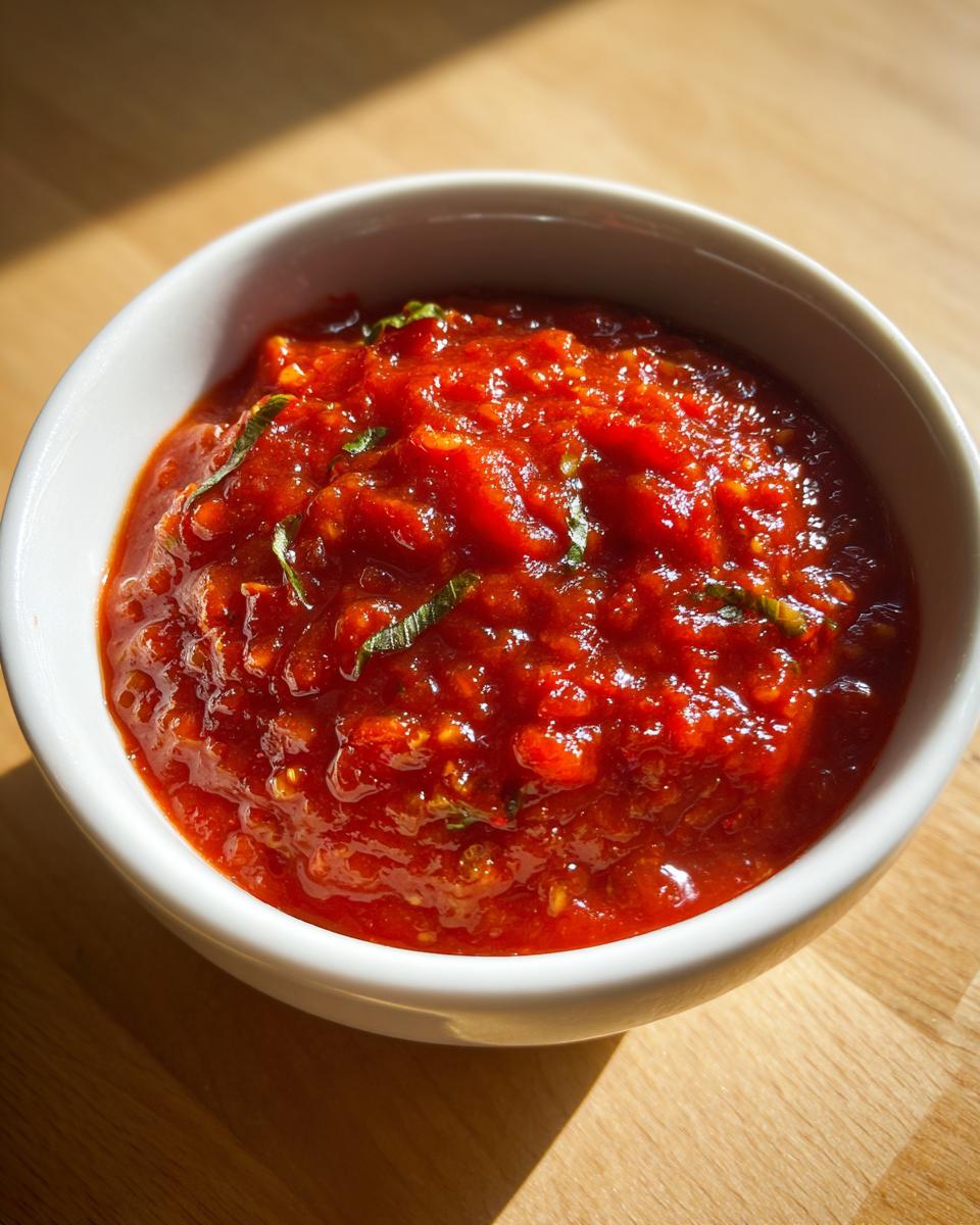 A close-up of vibrant, chunky homemade tomato sauce garnished with basil in a white bowl.