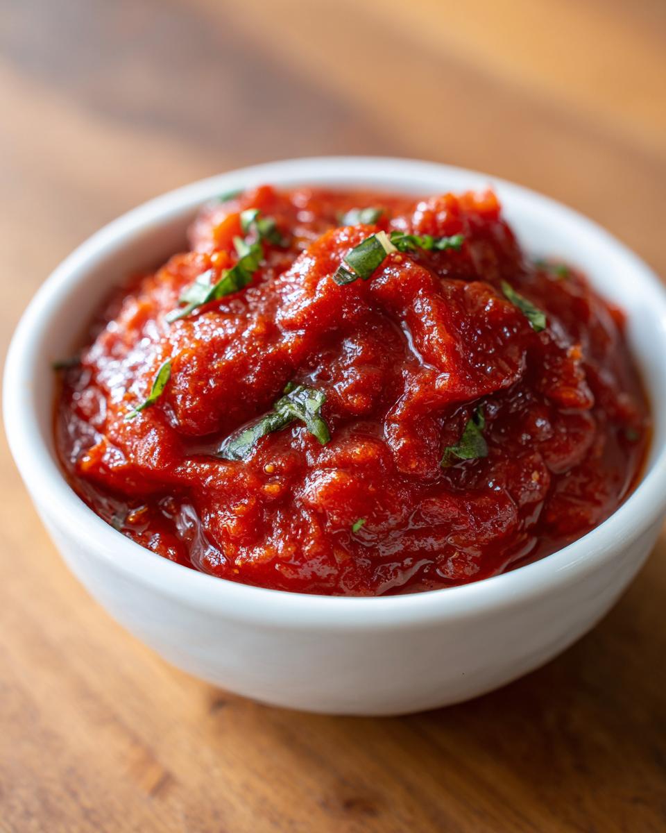 Close-up of a rich, vibrant red tomato sauce garnished with fresh basil in a small white bowl.