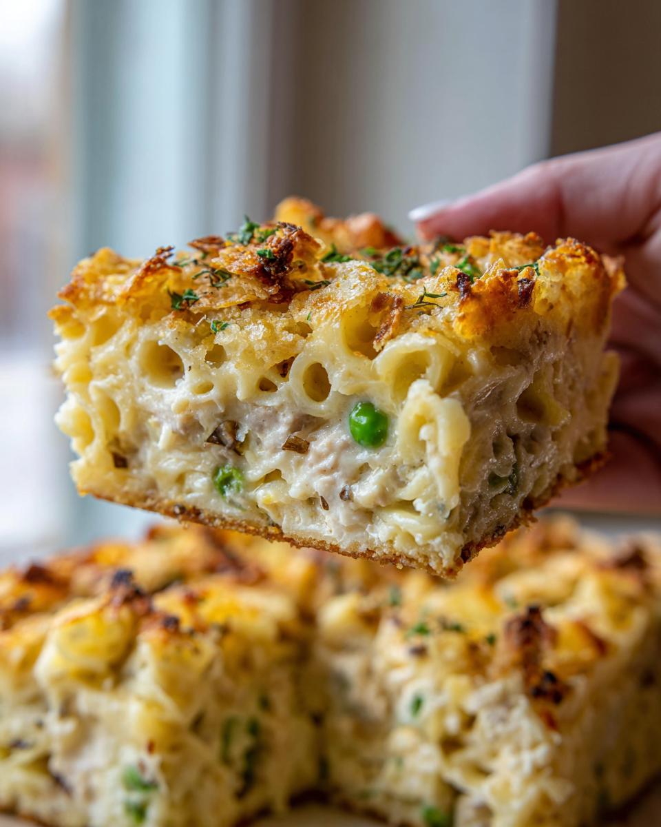 A hand lifts a square slice of creamy tuna noodle casserole with a crispy topping and green peas.