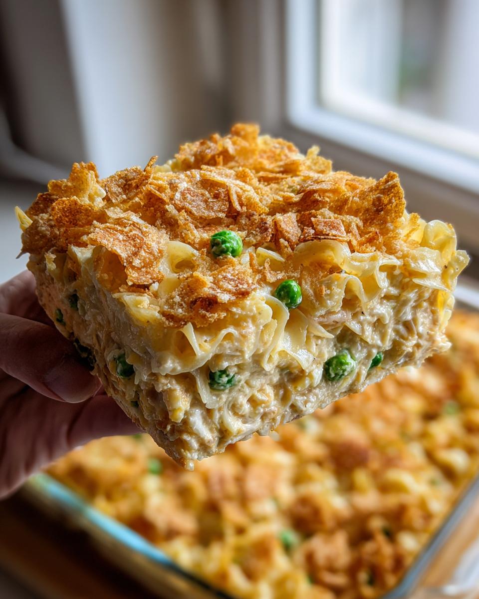 A hand holding up a thick slice of creamy tuna noodle casserole topped with crunchy cornflakes.