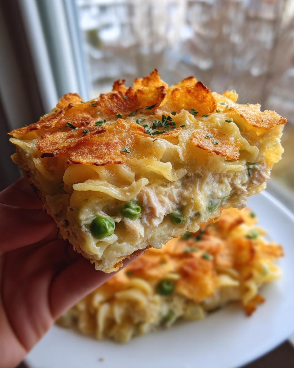 A thick, creamy slice of tuna noodle casserole held up, showing egg noodles, peas, tuna, and a crispy potato chip topping.