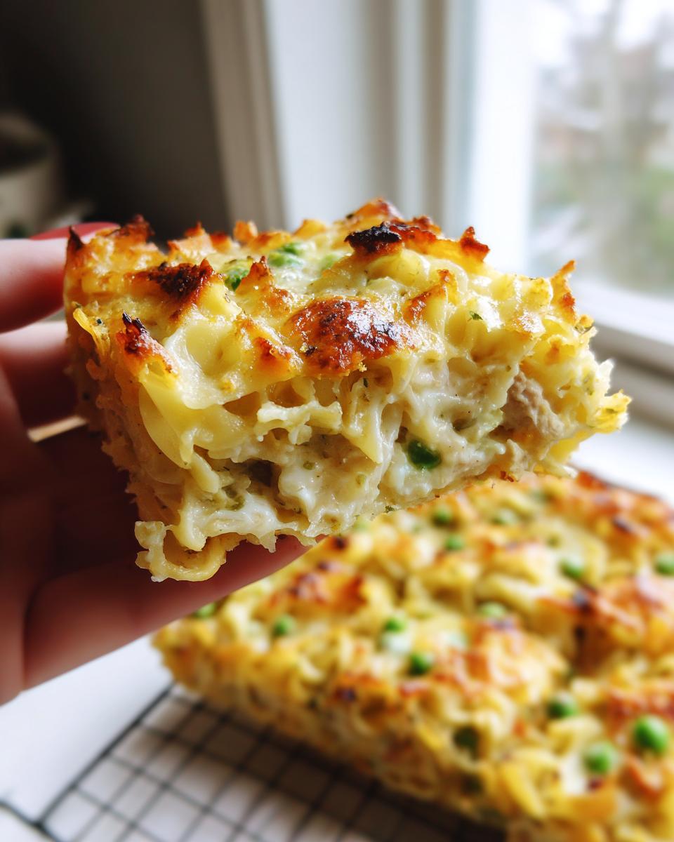 A hand holds up a square slice of baked tuna noodle casserole with a golden, cheesy crust and visible peas.