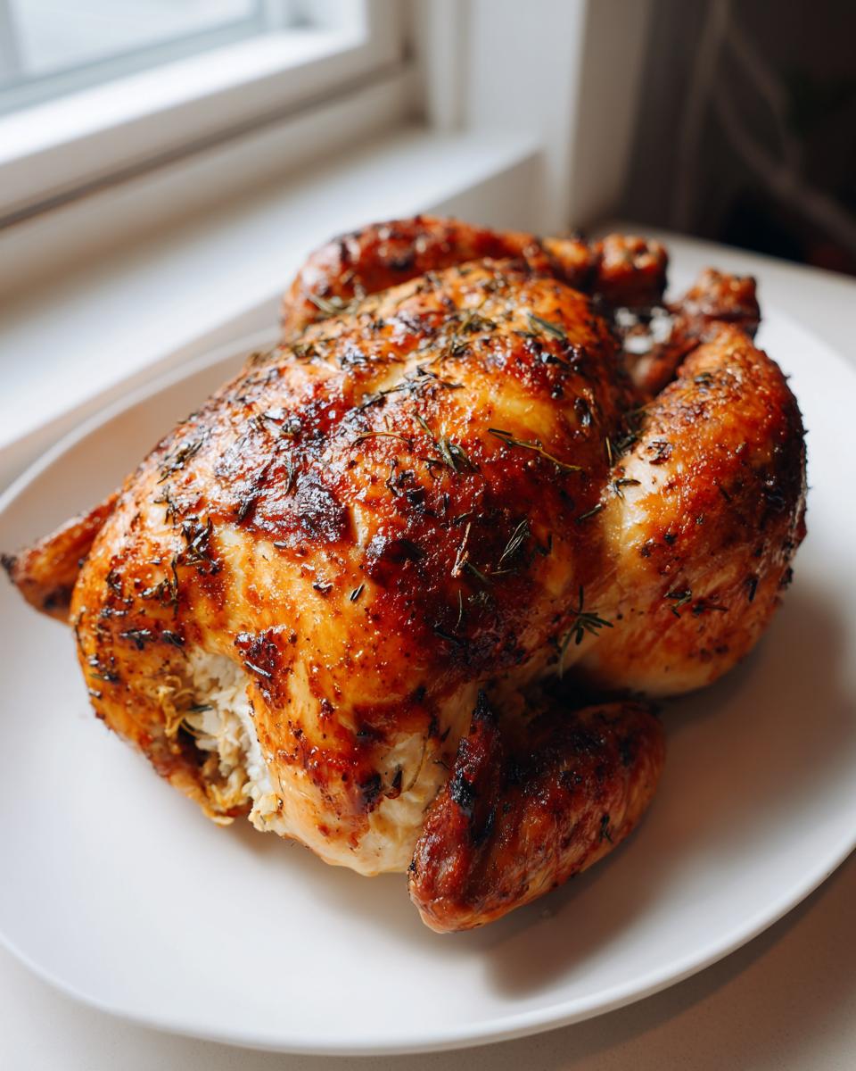 A beautifully roasted whole chicken with dark, crispy, herb-seasoned skin resting on a white plate.