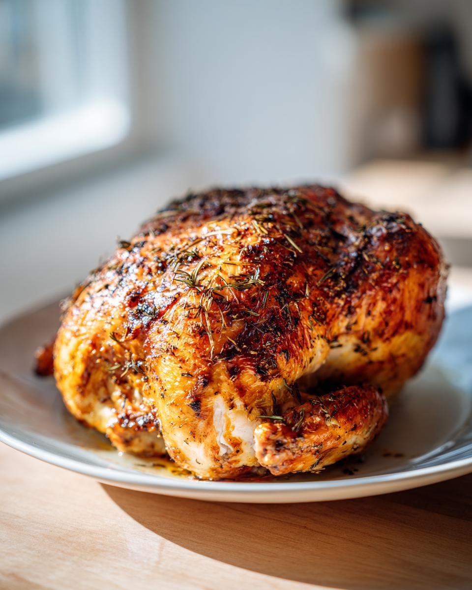 A beautifully roasted whole chicken with golden-brown, herb-crusted skin resting on a white plate.