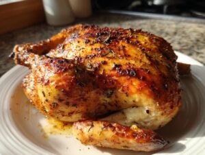 A beautifully roasted whole chicken with golden-brown, seasoned skin resting on a white plate.