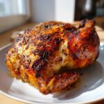 A beautifully roasted whole chicken with dark, crispy, seasoned skin resting on a white plate.