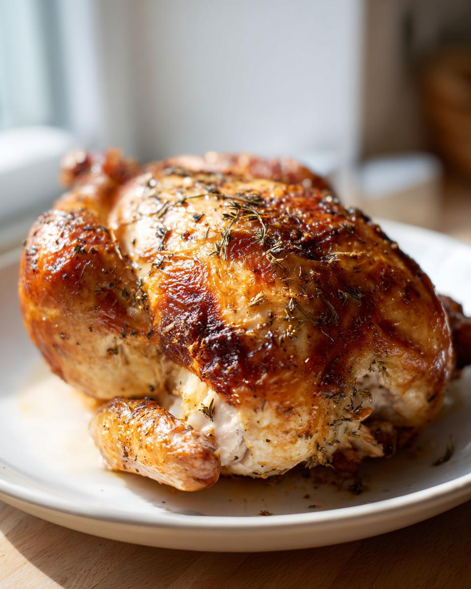 A beautifully roasted whole chicken with crispy, golden-brown skin seasoned with herbs, resting on a white plate.