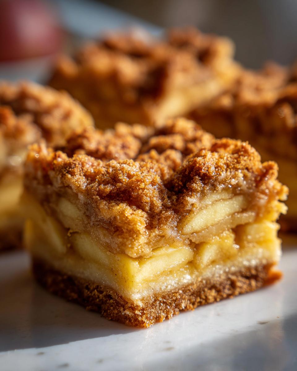 A close-up, detailed shot of a single serving of apple pie bars showing the thick apple filling and crumb topping.
