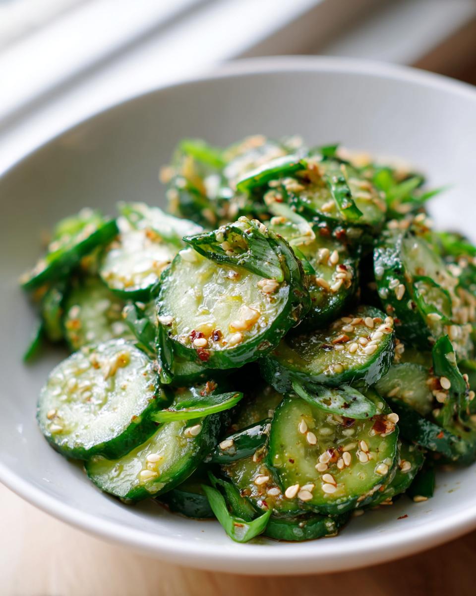 Close-up of sliced cucumbers tossed in a savory dressing and topped generously with sesame seeds, showcasing the asian cucumber salad.
