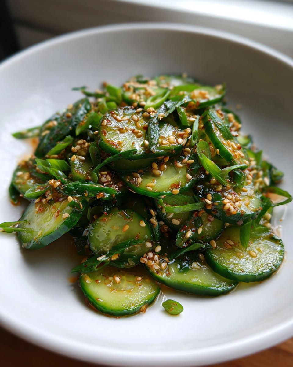 Close-up of vibrant Asian cucumber salad featuring sliced cucumbers, green onions, and toasted sesame seeds.