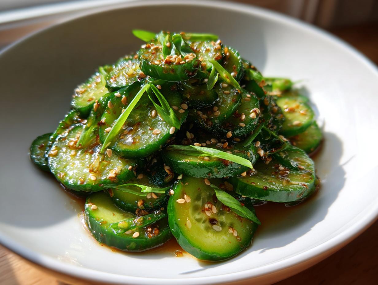 A close-up of vibrant, sliced Asian cucumber salad tossed in a dark sauce and topped with sesame seeds and green onions.