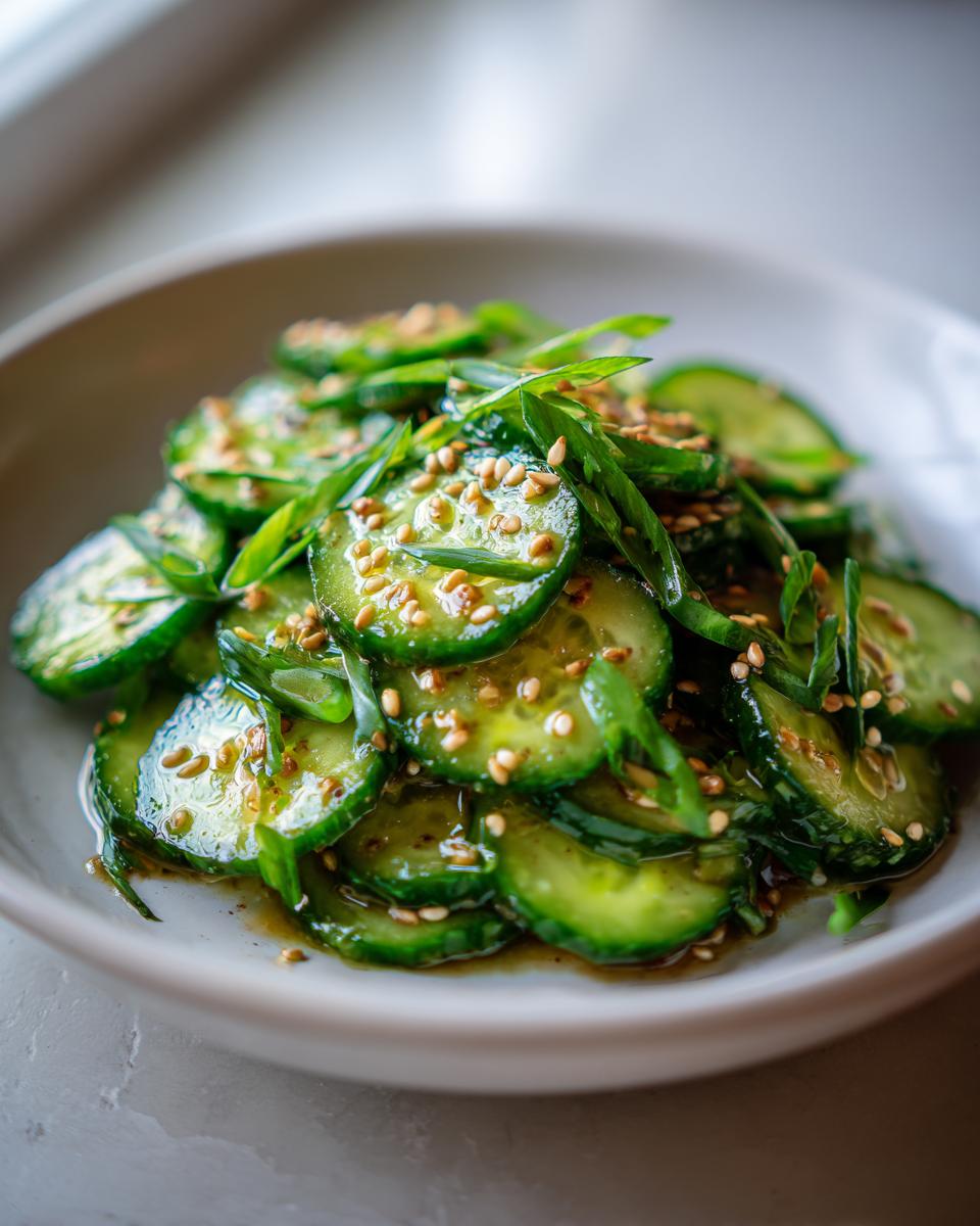 Close-up of thinly sliced cucumbers coated in dressing, topped with sesame seeds and green onions in an asian cucumber salad.