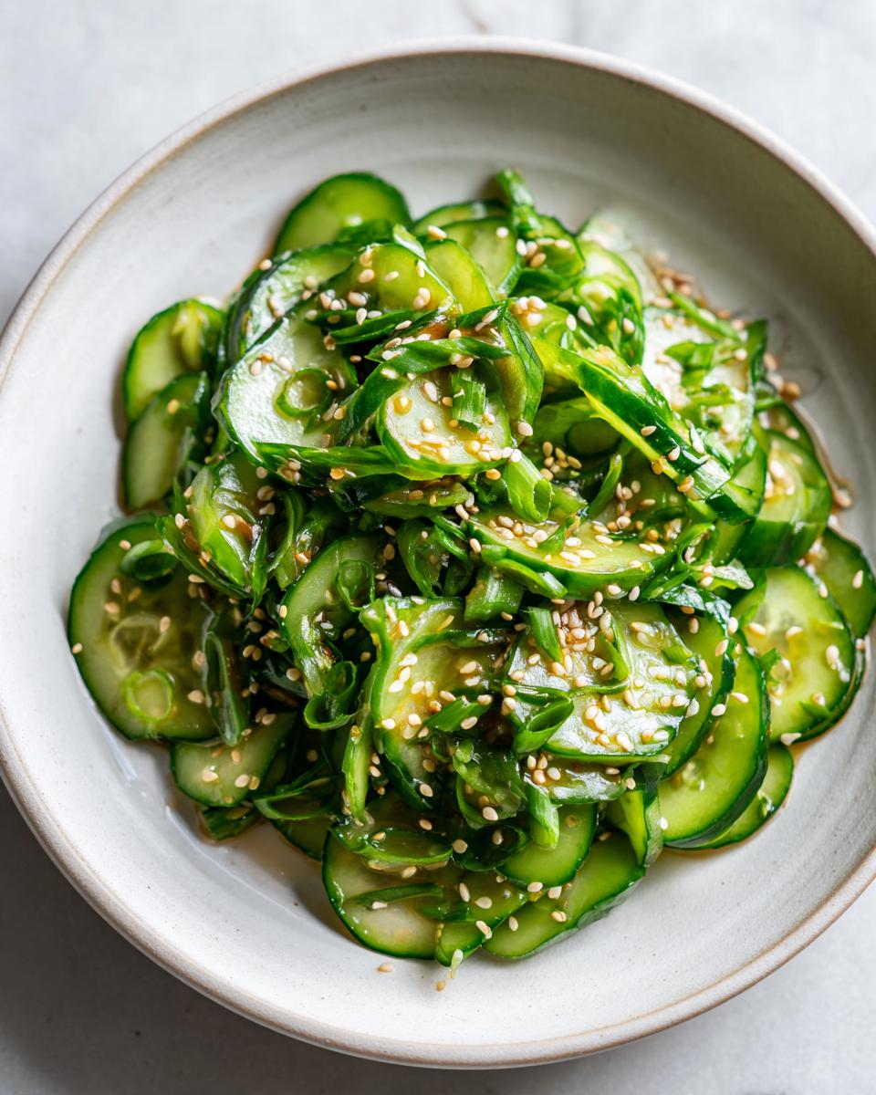 Close-up of a vibrant asian cucumber salad, thinly sliced and tossed in a savory dressing, topped with sesame seeds.