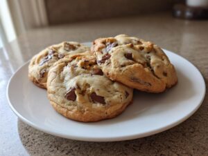 Three thick, chewy banana bread cookies loaded with melted chocolate chips resting on a white plate.