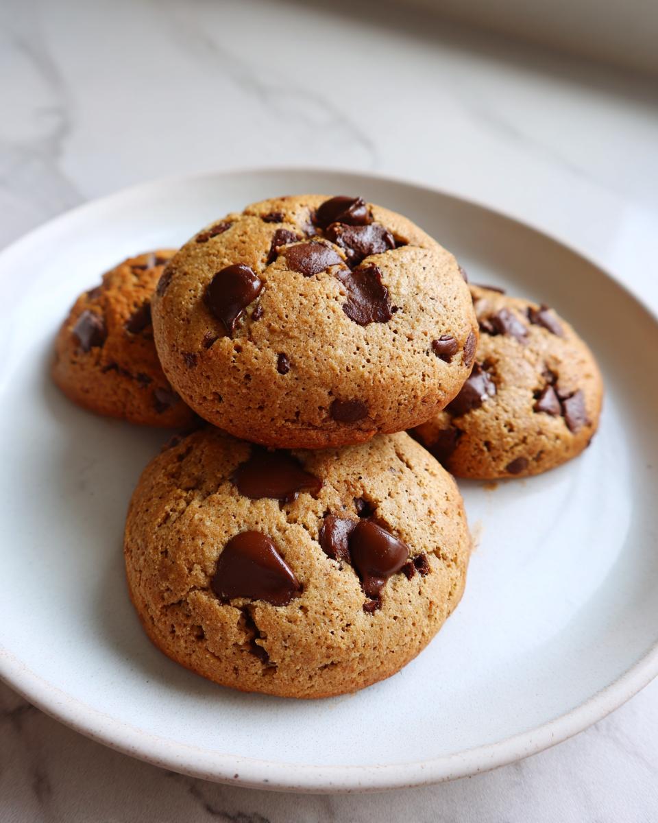 A stack of four freshly baked banana bread cookies loaded with melted chocolate chips on a light plate.
