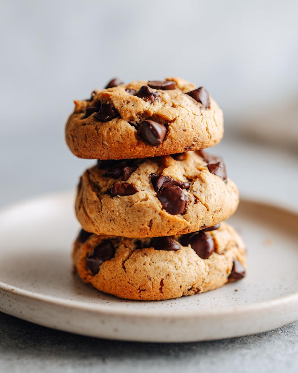 A stack of three soft, thick banana bread cookies loaded with dark chocolate chips resting on a speckled plate.