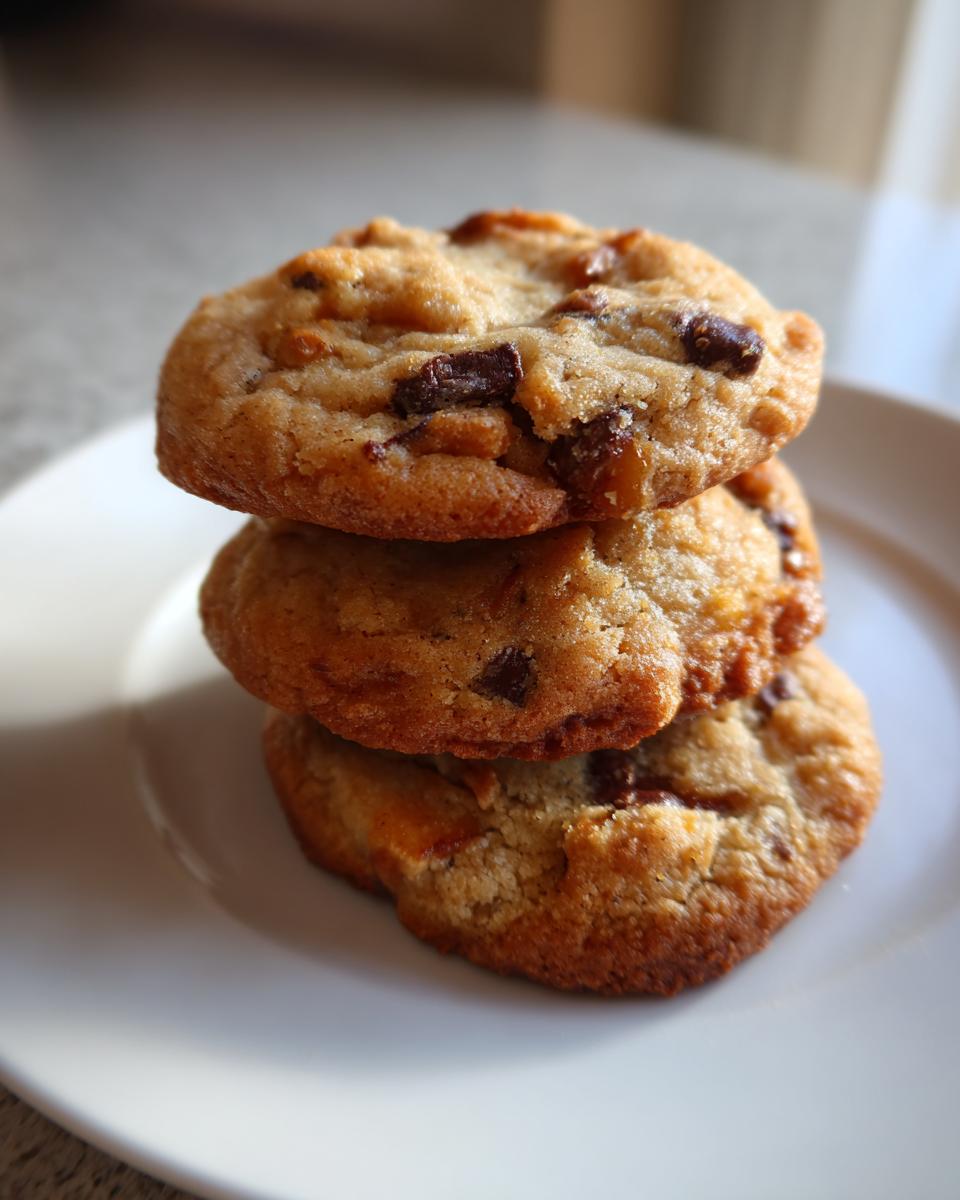 Three freshly baked banana bread cookies stacked on a white plate, featuring visible chocolate chunks.
